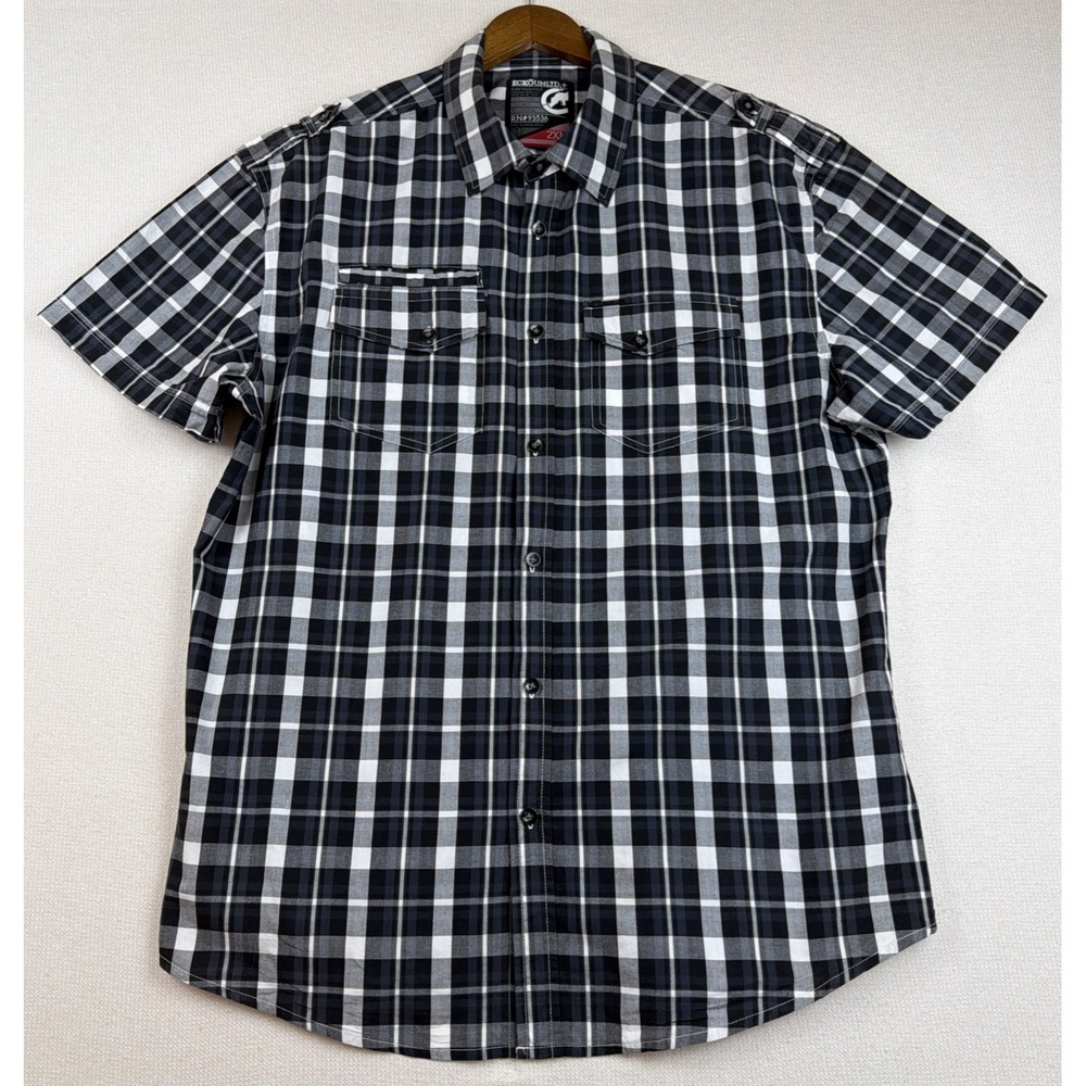 ECKOUNLTD.+ Button Up Plaid Shirt Mens 2XL Black White‎ Short Sleeve Streetwear